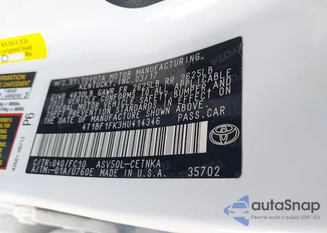 2017 Toyota Camry Le z USA, uszkodzony, nr VIN 4T1BF1FK3HU414346